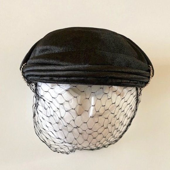 VINTAGE BLACK SATIN HAT with rhinestones and  netting! Gorgeous! - Picture 2 of 4